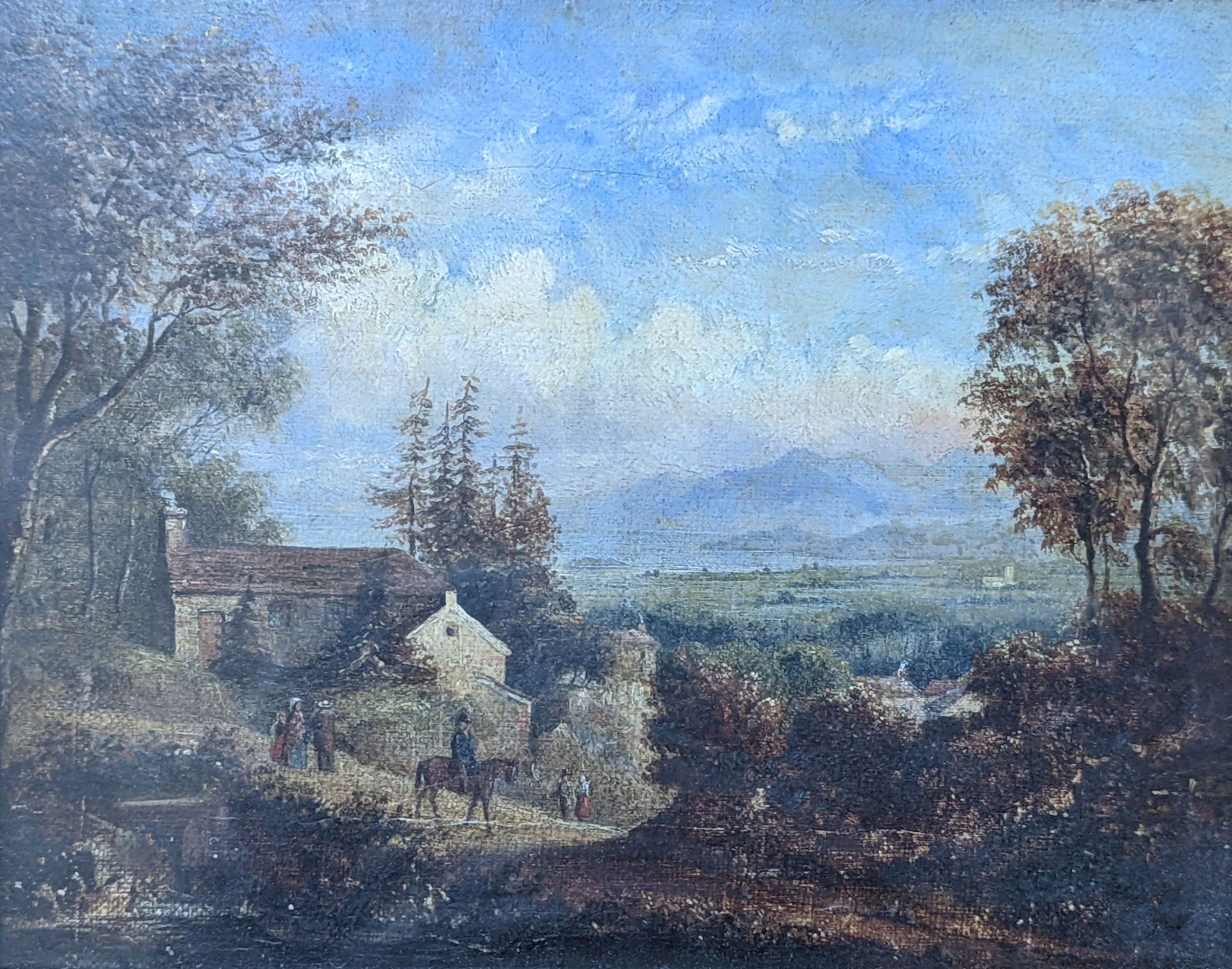 19th century English School, oil on canvas, Figures in a landscape, 19 x 24cm